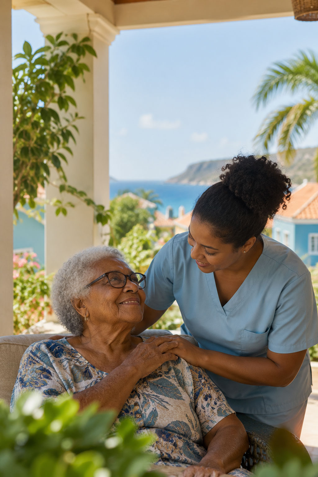 Caregiver spending time with an older adult on a Curaçao veranda